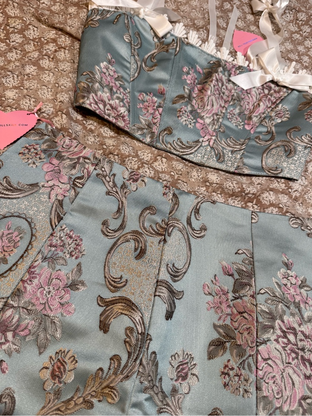 Floral Brocade Mini Skirt and Corset Ribbon Top in Light Blue with Lace Trim - Picture 3 of 5
